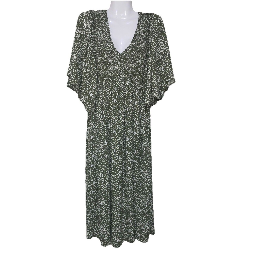 Mittoshop Sun Dress Maxi Olive Green Speckled M Smocked Flutter Sleeve